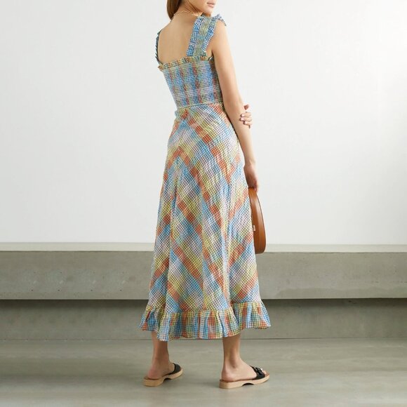 New Ganni Smocked Plaid Seersucker Maxi Dress 40, 8, M $285 - Picture 2 of 10